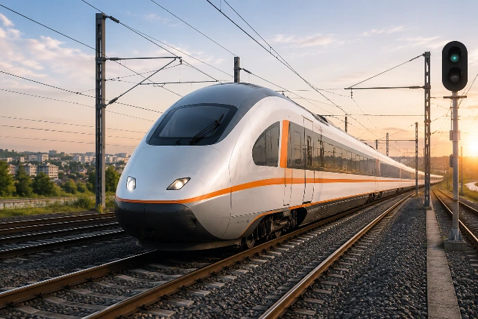 Comboio numa infraestrutura ferroviária