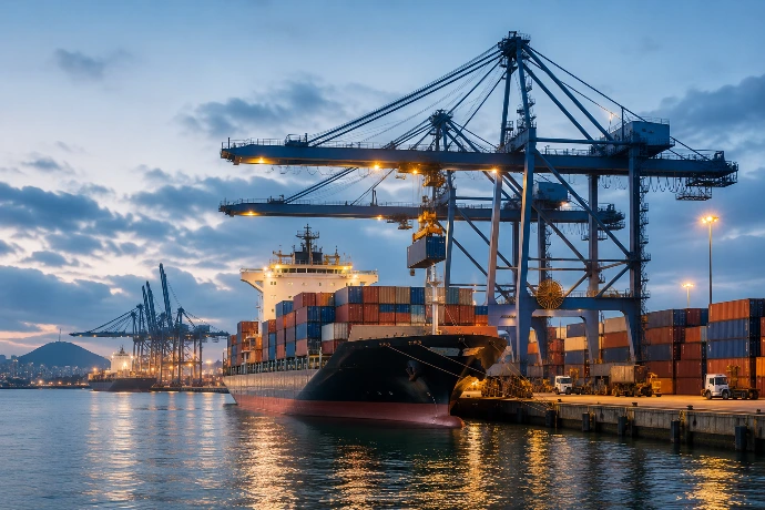 Terminal portuário com navio e contentores