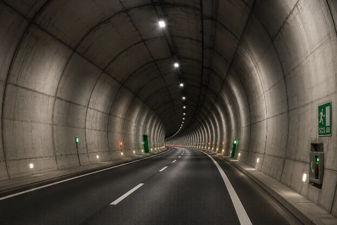 Infraestrutura rodoviária no interior de um túnel