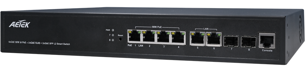 [C62-044-91-380] L2 PRO bt PoE Managed Switch 
Built-in Network Topology System (NTS) software 
•4xGbE bt PoE + 2xGbE RJ45 + 2xGbE SFP Switch
• 360W Power Budget