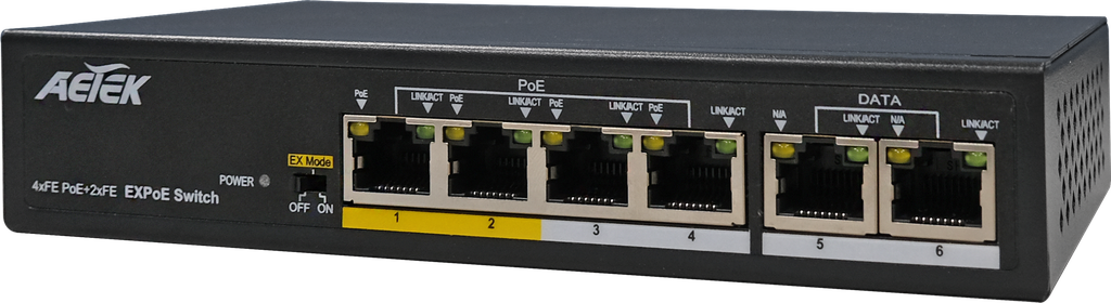 4xPoE, 2xRJ45 Fast Ethernet EX-PoE Switch
2 of 4 PoE ports for EX-PoE mode (200M~250M)
Total power budget: 65W
6KV PoE surge protection; 4KV AC surge protection