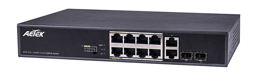 [C11-082-32-120-V2] 8xPoE, 2xGbE Combo Fast Ethernet EX-PoE Switch
2 of 8 PoE ports for EX-PoE mode (200M~250M)
Total power budget: 120W
6KV PoE surge protection; 4KV AC surge protection