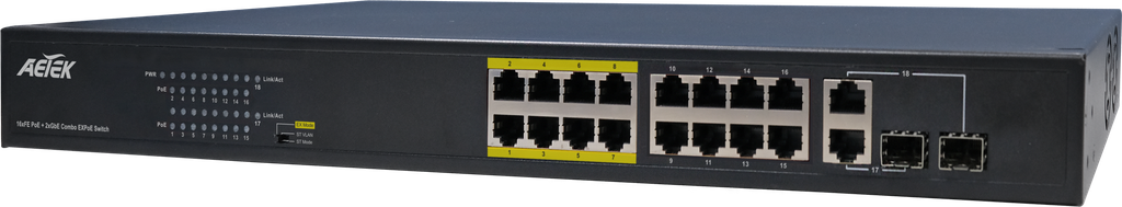 [C11-162-31-250-V2] 16xPoE, 2xGbE Combo Fast Ethernet EX-PoE Switch
8 of 16 PoE ports for EX-PoE mode (200M~250M)
Total power budget: 250W
6KV PoE surge protection; 4KV AC surge protection