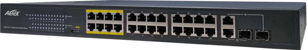 [C11-242-31-380-V2] 24xPoE, 2xGbE Combo Fast Ethernet EX-PoE Switch
8 of 24 PoE ports for EX-PoE mode (200M~250M)
Total power budget: 380W
6KV PoE surge protection; 4KV AC surge protection