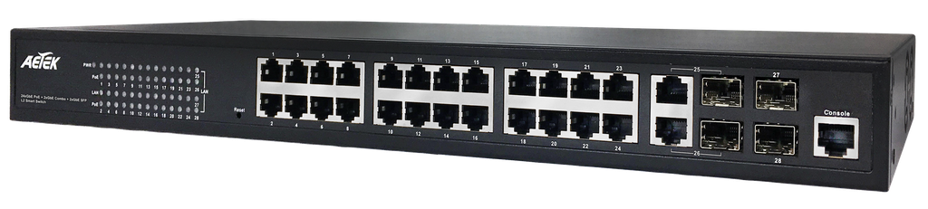 [C60-244-30-370-V2] 24x30W PoE, 2x COMBO, 2xSFP L2 PRO PoE Switch 
Network Topology System (NTS) software 
Total power budget: 370W
6KV PoE surge protection