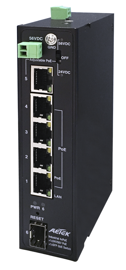 [H32-042-30-V2] Gbe Industrial Switch adjustable 24v/56vdc 
4x30W PoE, 1xAdjustable 24V/56VDC PoE, 1xSFP
Total power budget: 120W
6KV PoE surge protection
Operating temperature: -40°C ~ 75°C