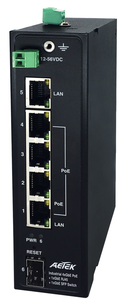 GbE Industrial PoE Switch w/12~56VDC Input
4x30W GbE PoE, 1xGbE RJ45, 1xGbE SFP
Total power budget: 65W for 12VDC Input / 120W for 24VDC Input
6KV PoE surge protection
Operating temperature: -40°C ~ 75°C