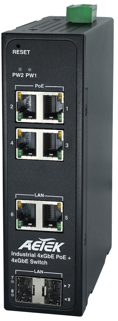 GbE Industrial switch
4x30W PoE, 2xSFP, 2xRJ45
Total power budget: 120W
6KV PoE surge protection
Operating temperature: -40°C ~ 75°C