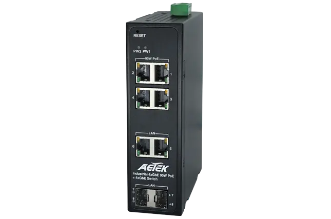 [D40-044-91-DC] GbE Industrial switch with 12-56VDC INPUT
4x90W bt PoE, 2xSFP, 2xRJ45
Total power budget: 12V: 90W;24V: 160W;48V: 360W
6KV PoE surge protection
Operating temperature: -40°C ~ 75°C