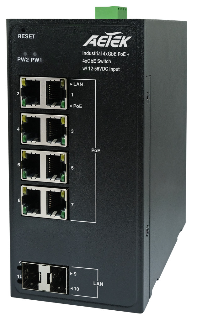 [D40-082-30-DC] GbE Industrial switch with 12-56VDC INPUT
8x30W PoE, 2xSFP
Total power budget: 12V: 90W ;24V: 160W;48V: 240W
6KV PoE surge protection
Operating temperature: -40°C ~ 75°C