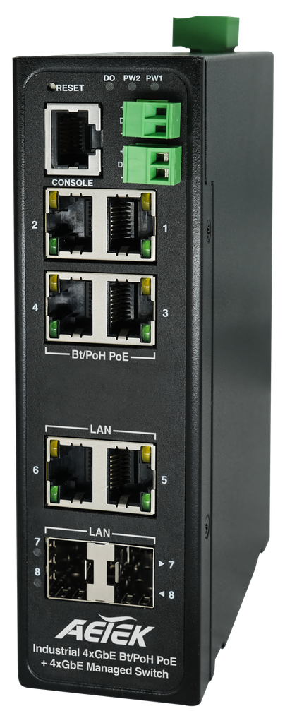 [D60-044-90] Industrial 4x90W bt PoE, 2xSFP, 2xRJ45 L2 PRO Managed Switch
Built-in Network Topology System (NTS) software 
Total power budget: 360W
6KV PoE surge protection
Operating temperature: -40°C ~ 75°C