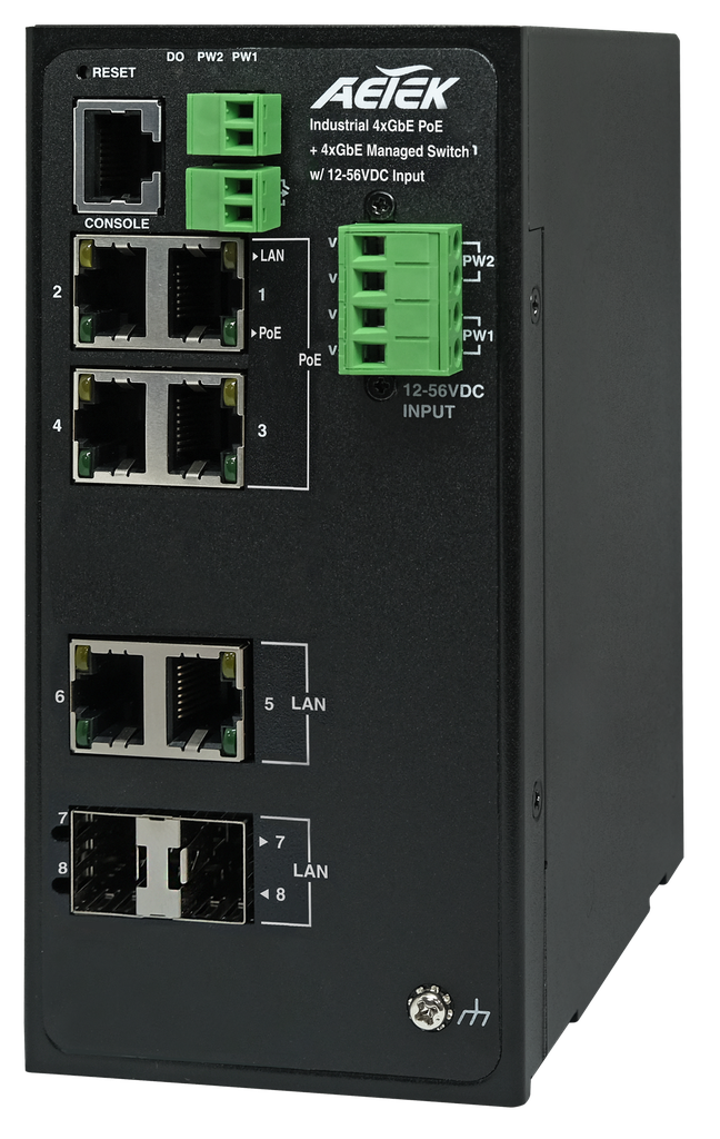 [D60-044-30-DC-V2] Industrial 4x30W PoE, 2xSFP, 2xRJ45 L2 PRO Managed Switch with 12-56VDC INPUT
Built-in Network Topology System (NTS) software 
Total power budget: 12VDC:90W/ 24VDC:120W/ 48VDC:120W
6KV PoE surge protection
Operating temperature: -40°C ~ 75°C