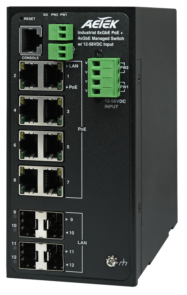 [D60-084-30-DC-V2] Industrial 8x30W PoE, 4xSFP L2 PRO Managed Switch with 12-56VDC INPUT
Built-in Network Topology System (NTS) software 
Total power budget:12VDC:90W/ 24VDC:160W/ 48VDC:240W
Total power budget: 240W
6KV PoE surge protection
Operating temperature: -40°C ~ 75°C