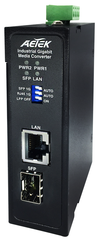Industrial Media Converter
1xGbE RJ45 + 1xGbE SFP 
-40~75℃
Redundant Dual 18V-36VAC or 12V-56VDC Power Input
xPower supply not included